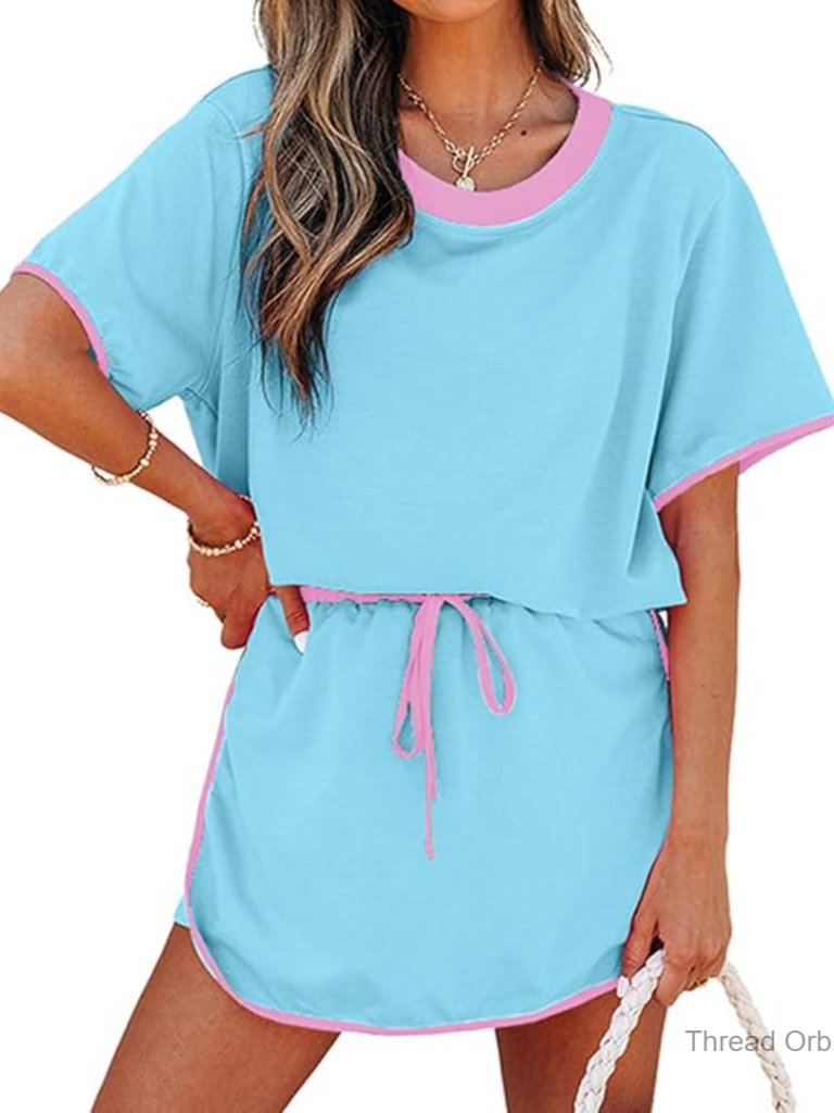 Large Loose Fit Polyester Cotton 2 Piece Skort Set Short Sleeve Top